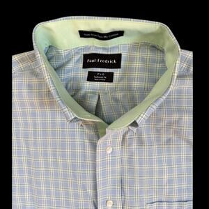 Paul Fredrick Tailored Fit Dress Shirt 17x35 Blue Green Check EUC